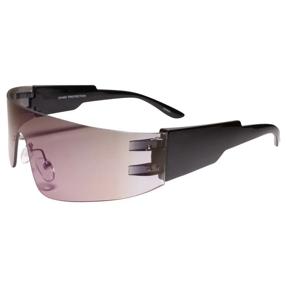 Trendy Rimless Futuristic Wrap Around Sunglasses Cyberpunk Visor Blue Mirrored